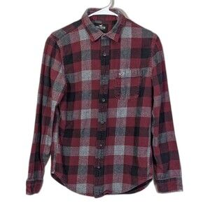 Hollister Men SMALL Red Black Gray Flannel Button Down Cotton Preppy Plaid Shirt
